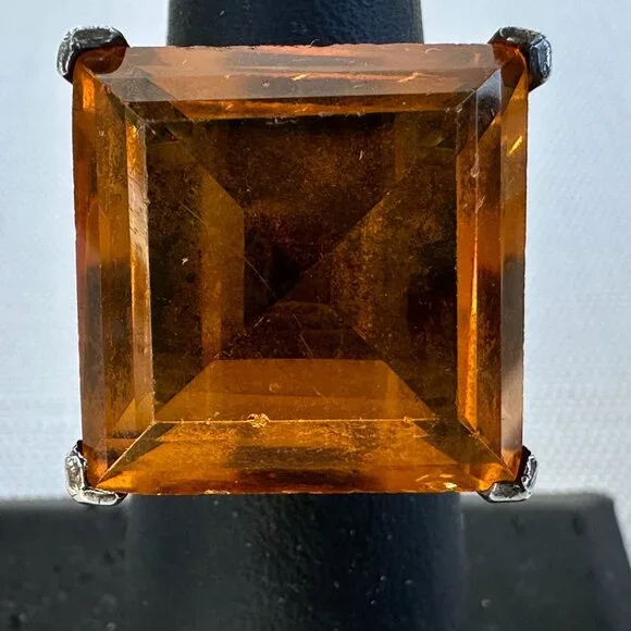 925 Silver Ring Large Amber Glass Stone Size 6.5